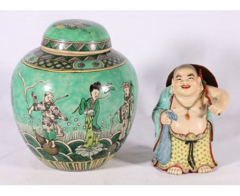A 20th Century Chinese famille verte ginger jar decorated with deities standing on sea creatures and lotus leaves, 24 cm also