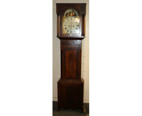 19th century G and T Gibson of Alnwick longcase grandfather clock with painted dial, the arch top with recumbent lady in a fo