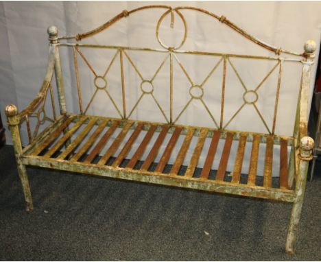 Wrought iron garden bench with ball finials and ring backs, 150cm longYes its very heavy and its not modern. Needs a clean, b