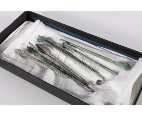A group of nine antique medical tools possibly Roman and from the Balkans, all 13.5 cm long. 