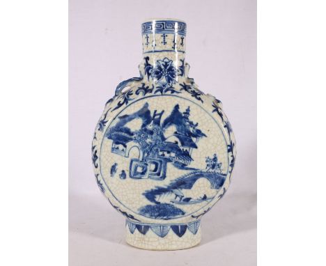 Chinese blue & white moon flask with chi lung handles, the body decorated with a rider on a bridge in a mountainous landscape