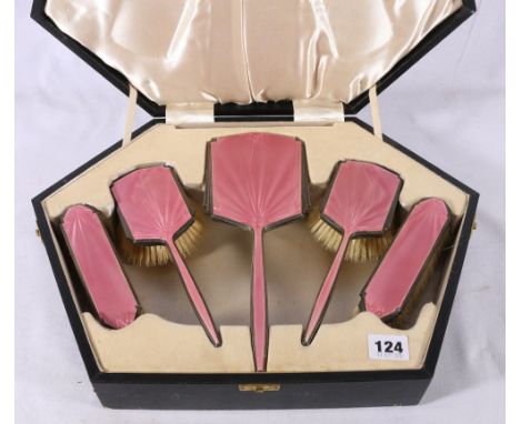 Silver and enamel five piece dressing table or vanity set by Walker and Hall Sheffield 1937 within fitted case 