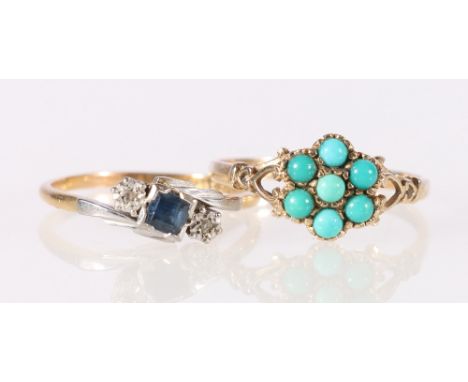 18ct gold and platinum diamond and sapphire dress ring in a crossover setting, 2.6g and a gold turquoise set dress ring, 2.0g