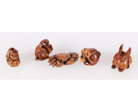 Group of five 20th century carved wooden netsuke depicting animals, crab, monkey, shrew, pig and rabbit, all c 2cm 