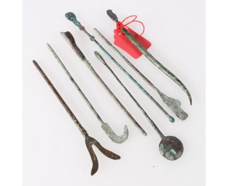 A group of seven antique medical tools, possibly Roman and from the Balkans, all 13.5 cm long. 