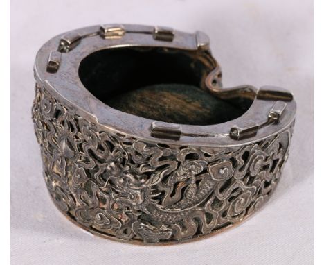 Wang Hing silver pony hoof pin cushion with pierced and repousse work decoration of two dragons confronting the flaming pearl