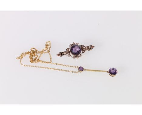 9ct gold amethyst set drop pendent on chain and a similar brooch, 6.58g grossCONDITION REPORT:Brooch - pearls all present, la
