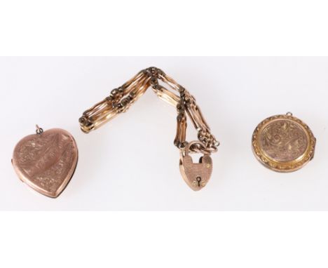 Gate link bracelet with 9ct gold heart padlock closure 11.1g and two rolled gold locket pendants, (3) 