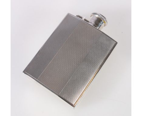 Art Deco style silver three quarter gill spirit hip flask with engine turned decoration with hallmarks for Chester, date lett