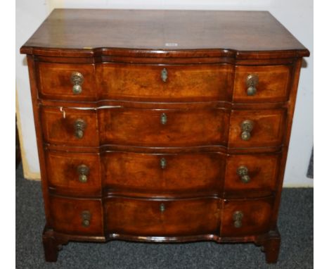 19th century walnut chest of four drawers having serpentine breakfront top raised on bracket supports, 80cm x 53cm x 76cm Spl