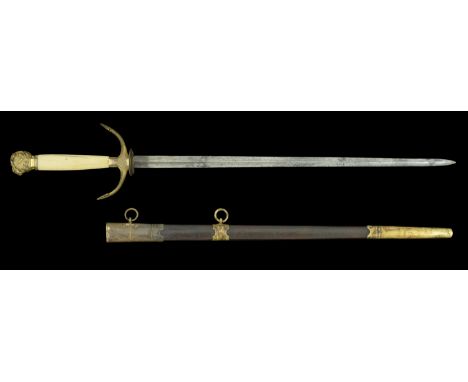 A British Trafalgar Period Brass Mounted Naval Dirk in Scabbard. A fine quality dirk, with a very unusual crossguard shaped l