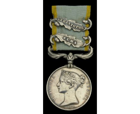 Crimea 1854-56, 2 clasps, Alma, Sebastopol (J. Dickson. Gr. Rl. Horse Arty.) officially impressed naming, light contact marks