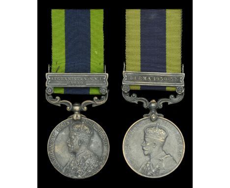 India General Service 1908-35, 1 clasp (2), Afghanistan N.W.F. 1919 (9886 Pte. A. E. Hackett, 1-York. R.); Burma 1930-32 (628