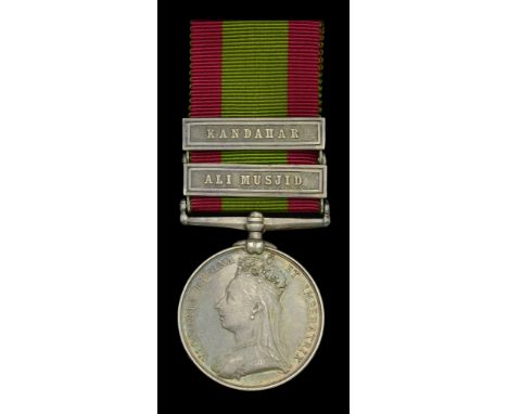 Afghanistan 1878-80, 2 clasps, Ali Musjid, Kandahar (1391. Gunr. E. Elliott. 11/9th Bde. R.A.) light contact marks, otherwise