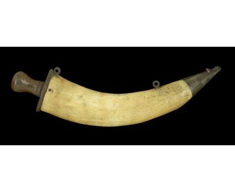 A Royal Navy Gunner’s Powder Horn. A Royal Navy official Government pattern, c.1800. Approx. 40cm long, with wood base and lo