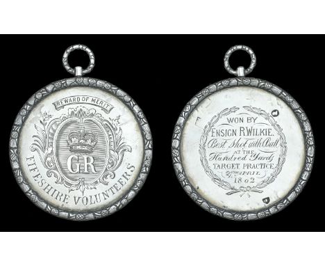 Fifeshire Volunteers 1802. A circular engraved medal with thistle decorated rim, 58mm, silver, with some faint partial Edinbu