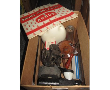 Box of oddments to include; ceramic flask, vintage fishing reel, vintage cameras, harmonica in original box etc.(B.P. 21% + V