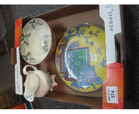 Japanese cabinet plate on a yellow ground with birds and prunus blossom, together with a Staffordshire pedestal bowl and anot