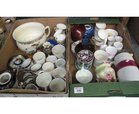 Two boxes of assorted china to include; Japanese eggshell teaware, oriental ceramics, ceramic chamber pot decorated with exot