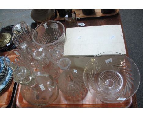 Tray of glass to include; decanters and stopper, water jugs, set of six Martell cognac drinking vessels etc. (B.P. 21% + VAT)