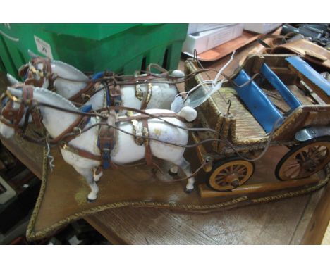 Wooden model study of a cart pulled by two Beswick horses (damaged). (B.P. 21% + VAT) One ear missing, other ears are chipped