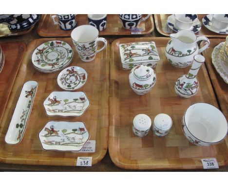 Two trays of Coalport hunting scene design items to include; milk jug, sucrier, bottle vase, trinket boxes, salt and pepper, 