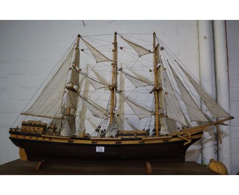 Hand made wooden model of a tea clipper under full sail, 115cm long approx. (B.P. 21% + VAT) Sails have foxing/moulding, No o