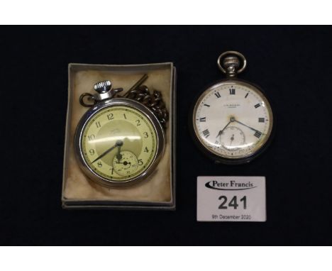 Silver open faced key less lever pocket watch by J.W Benson London with Roman face, having seconds dial. Together with a Smit