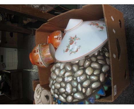 A box containing glass ceiling and other light shades. (B.P. 21% + VAT) Some pearl type stones have minor nicks/cracks and lo
