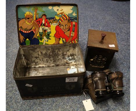Vintage Lyons' biscuit tin 'Lyons' Treasure Chest Assortment', a brass covered tea caddy and a pair of opera glasses in leath