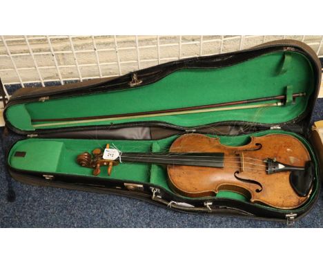 19th Century violin with double scribed outline and one piece back, mother of pearl shield escutcheon to the tuning base, scr