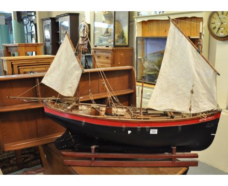 Wooden scale model sailing barge 'The Gypsy Queen', motorised and fitted for radio control. 1M long approx. On wooden display