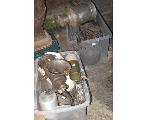 Three boxes of assorted metalware to include; aluminium milk churns, large cast iron kettles, vintage mincer, hanging candela