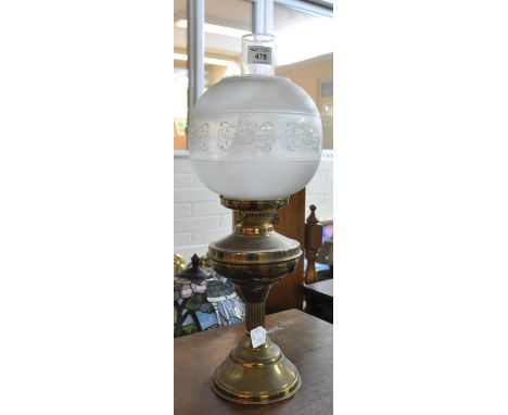 Early 20th century double oil burner lamp with globular etched shade on a brass reservoir and base.(B.P. 21% + VAT) 