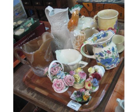 Tray of assorted china to include; ceramic floral bouquets, Masons Ironstone Regency pouch shaped dresser jug, Crown Devon ba