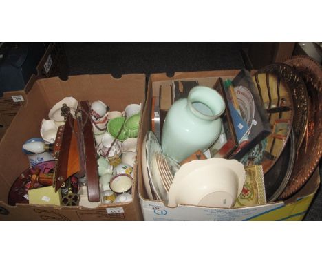 Two boxes of assorted items to include; table lamp in the form of a boat, various china including; cabinet and other plates, 