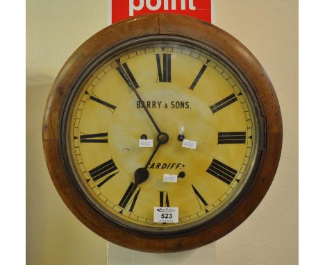 Late Victorian three train fusee wall clock, Barry & Sons Cardiff. (B.P. 21% + VAT) Clock has two fusees that has a cord arou