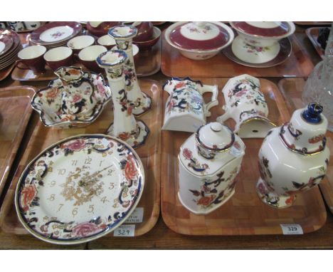 Two trays of Masons Ironstone 'Mandalay' design items to include; wall clock, pair of candlesticks, lidded tea caddy, lidded 