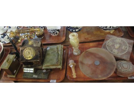 Two trays of onyx and other hardstone items to include; vintage style telephone, cigarette box, mantel clock, comport, box an