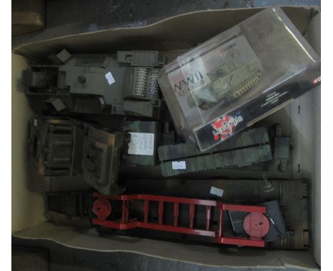 Box of military toy vehicles to include; Corgi D-Day Landings 60th Anniversary, Churchill MKIII, together with other lorries,