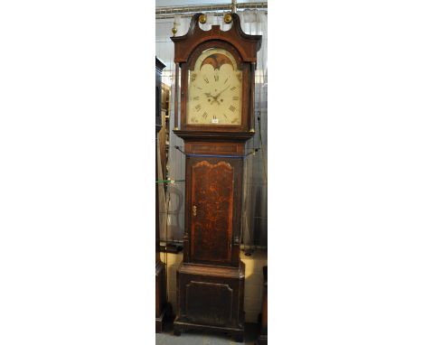 Early 19th Century oak eight day longcase clock, having broken arch pediment above arched painted dial with rolling moon and 