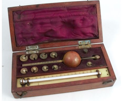 A Sikes’s Hydrometer by Sanders & Sons London, in a mahogany case, with mercury filled thermometer and brass weights, all sta
