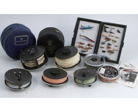A collection of fishing related items, to include five Hardy Bros Ltd reels, a Marquis #6, Marques #10, a Marquis Salmon #3, 