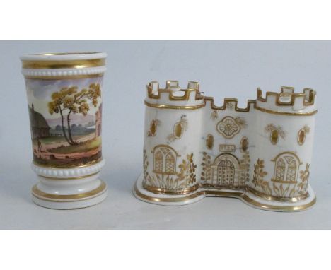 A 19th century Minton inkstand, formed as a castle with castellated towers, height 3.25ins, together with a 19th century spil