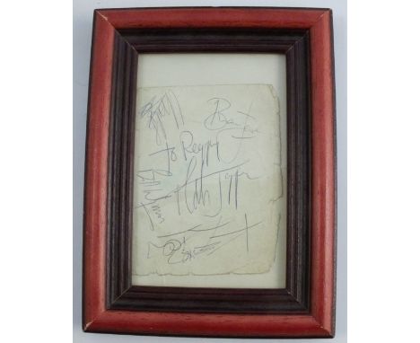 Rolling Stones, a piece of paper with signatures for Mick Jagger, Bill Wyman, Charlie Watts, Brian Jones and Keith Richards, 