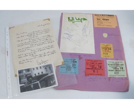 A collection of Rolling Stones ephemera, to include a letter signed from Bill Wyman dated 1964, a piece of paper with five si