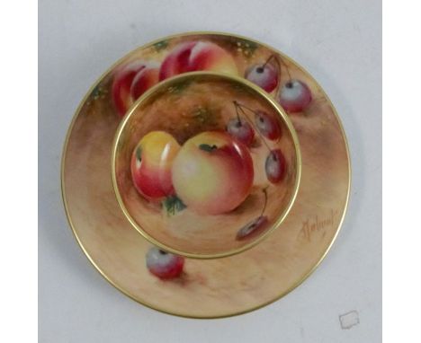 A Royal Worcester miniature sugar bowl, decorated with fruit, diameter 2ins, together with a saucer, diameter 3.5insCondition