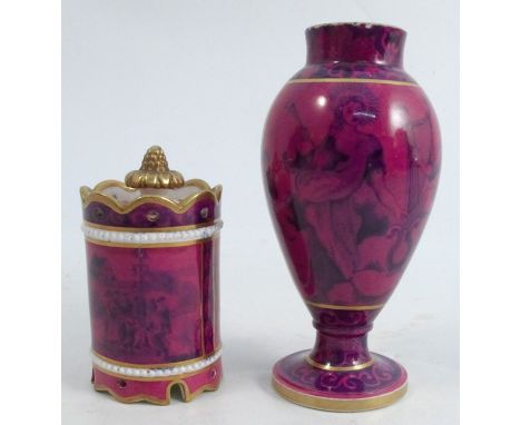 A 19th century Spode vase, decorated with musicians to a purple ground, numbered 4215, height 4.5ins, together with another S