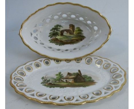 A 19th century Spode porcelain oval pierced basket and stand, decorated with embossed flower sprays with gilt edging, the bas