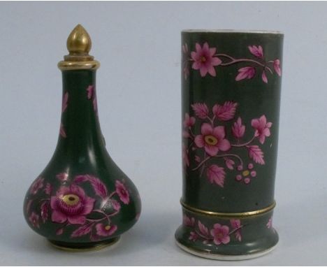 A 19th century Spode cylindrical vase, decorated with purple leaves to a green ground, height 4ins, together with a Spode per